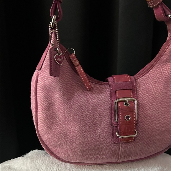 Coach RARE Vintage Suede Leather Canvas Pink Shoulder Bag with Buckle flap - Picture 3 of 17